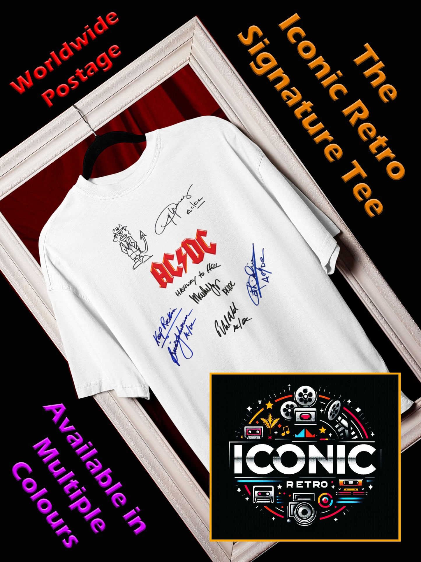AC/DC, Iconic Signature Lyrics T, Awesome Gift, Personal Memorabilia, T Shirt, Gift, Present, Christmas, Valentines, TV, Film, Cinema, Hollywood.