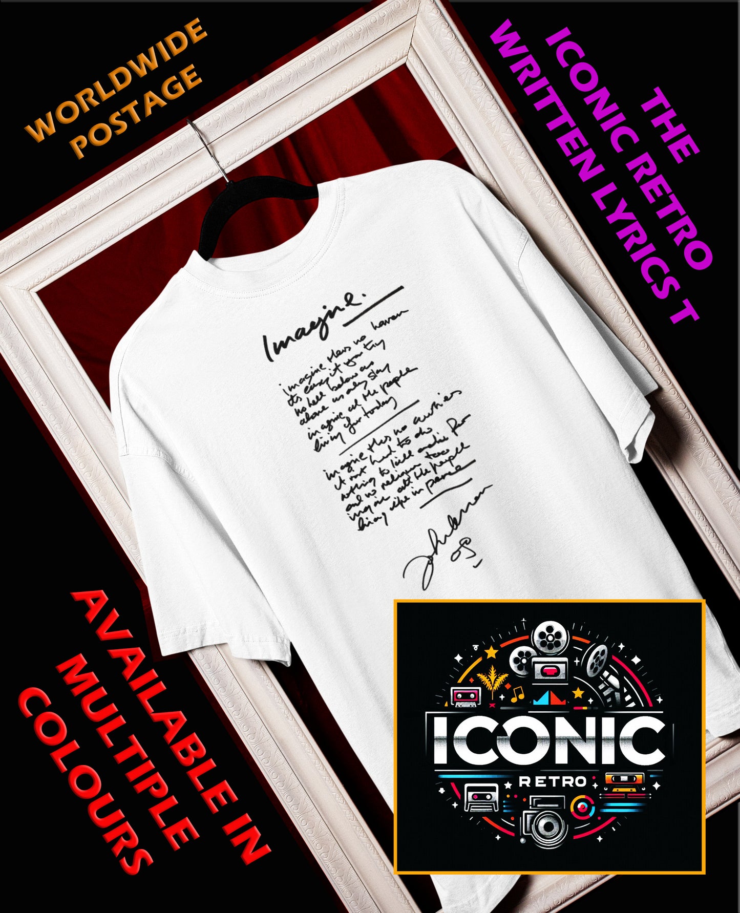IMAGINE, LENNON Iconic Signature T, Awesome Gift, Personal Memorabilia, T Shirt, Gift, Present, Christmas, Valentines, TV, Film, Cinema, Hollywood.