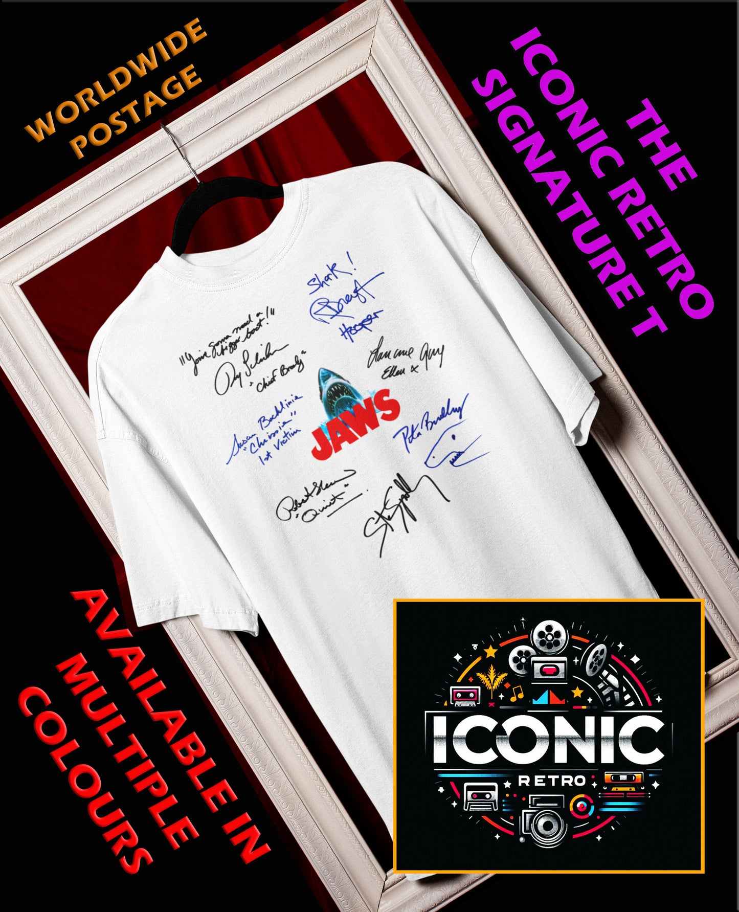 JAWS, Iconic Signature T, Awesome Gift, Personal Memorabilia, T Shirt, Gift, Present, Christmas, Valentines, TV, Film, Cinema, Hollywood.