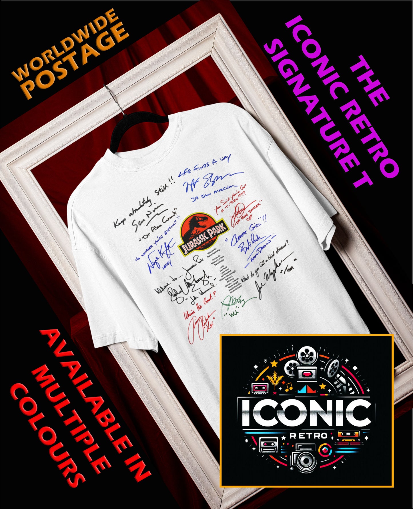JURASSIC PARK, Iconic Signature T, Awesome Gift, Personal Memorabilia, T Shirt, Gift, Present, Christmas, Valentines, TV, Film, Cinema, Hollywood.
