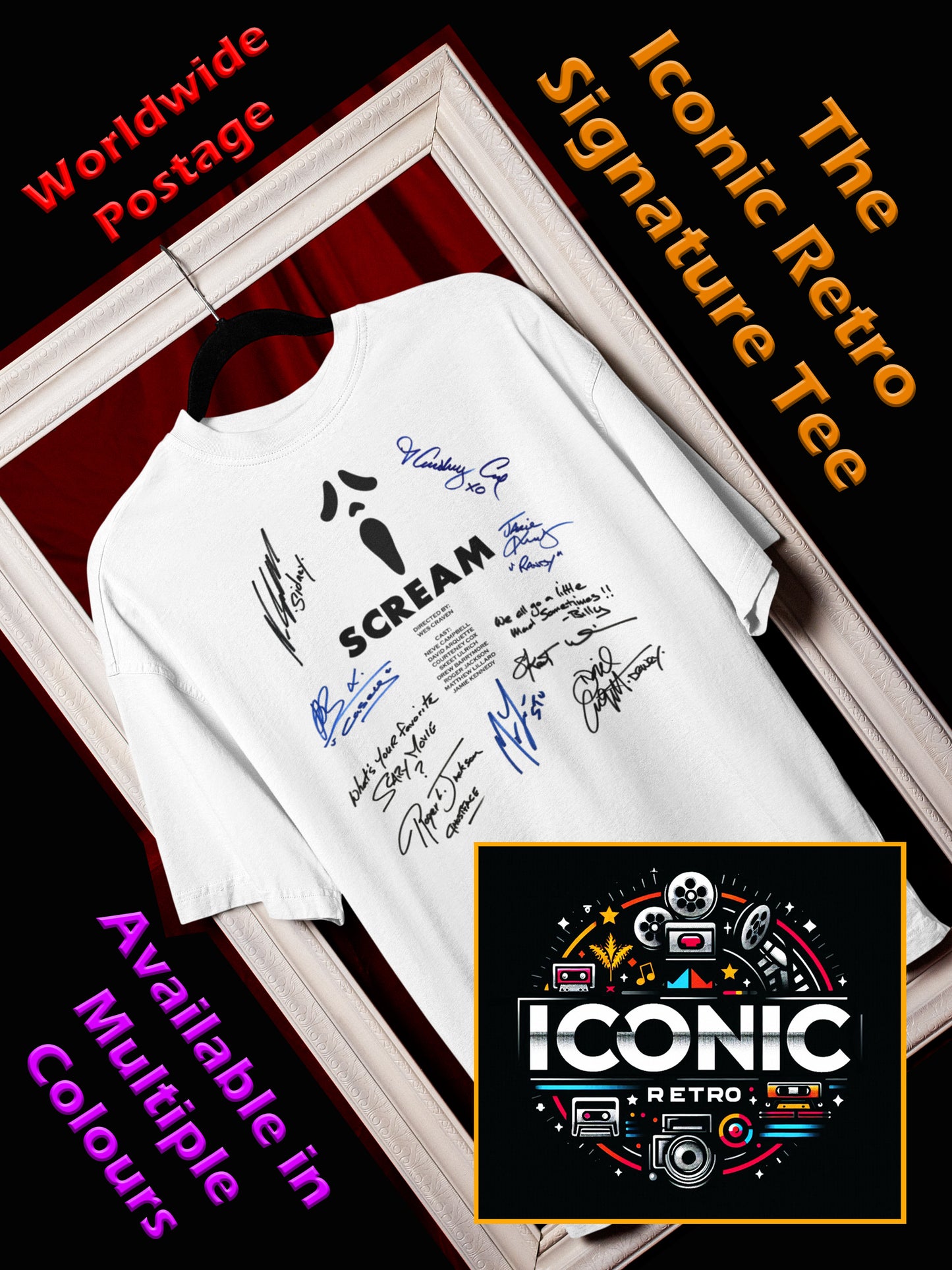 SCREAM, Iconic Signature T, Awesome Gift, Personal Memorabilia, T Shirt, Gift, Present, Christmas, Valentines, TV, Film, Cinema, Hollywood.
