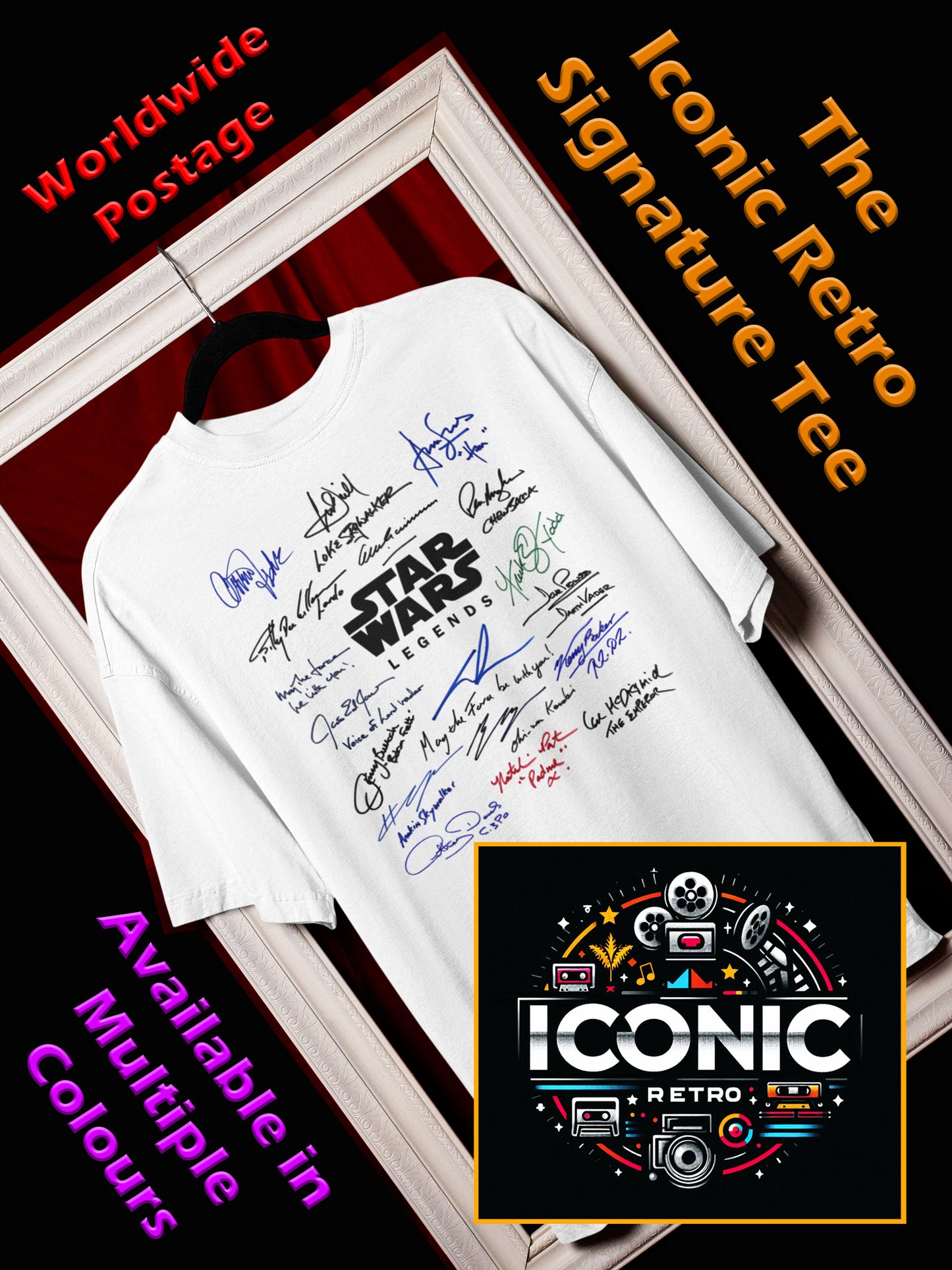 STAR WARS, Iconic Signature T, Awesome Gift, Personal Memorabilia, T Shirt, Gift, Present, Christmas, Valentines, TV, Film, Cinema, Hollywood.