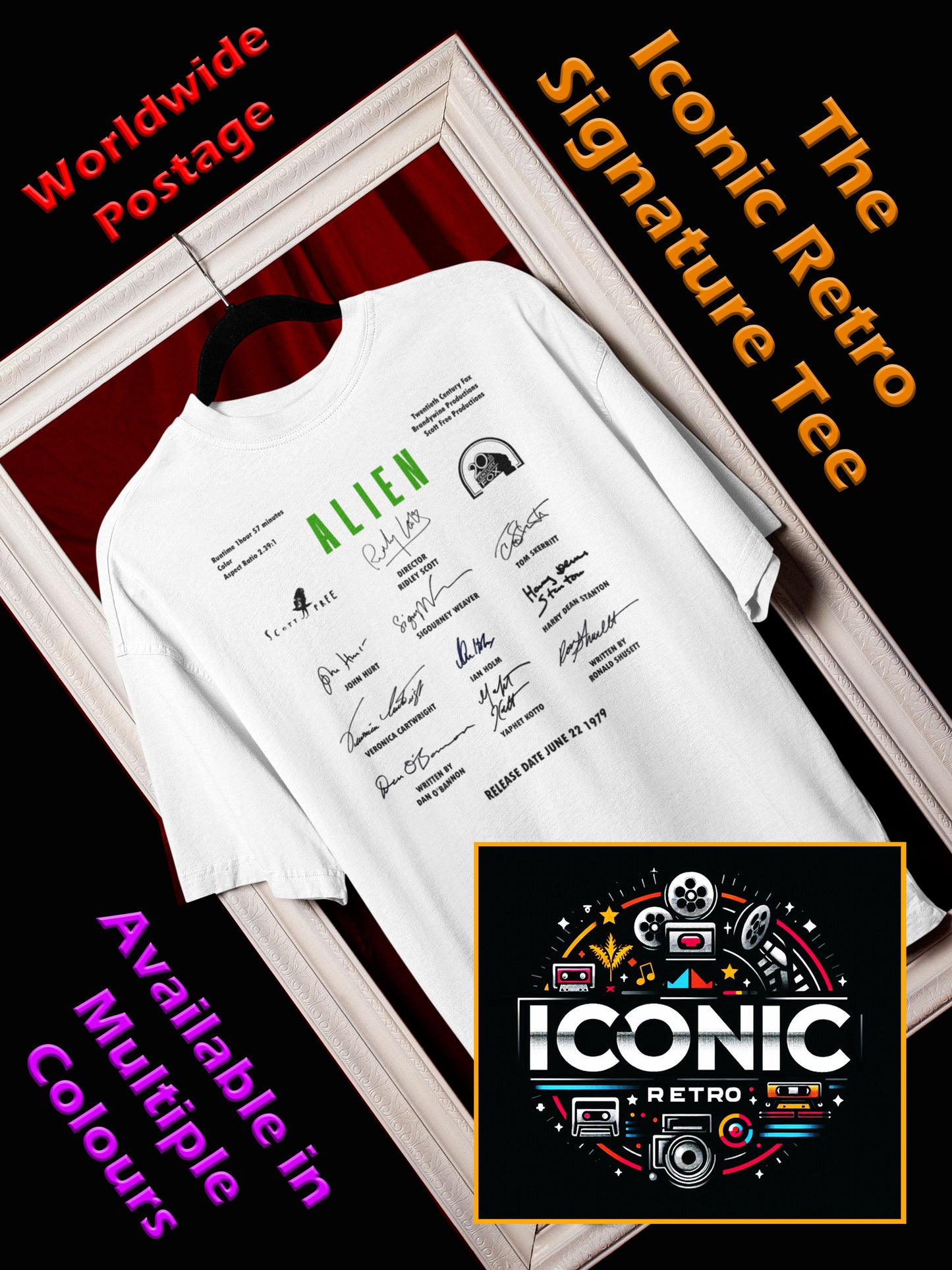 ALIEN, Iconic Signature T, Awesome Gift, Personal Memorabilia, T Shirt, Gift, Present, Christmas, Valentines, TV, Film, Cinema, Hollywood.