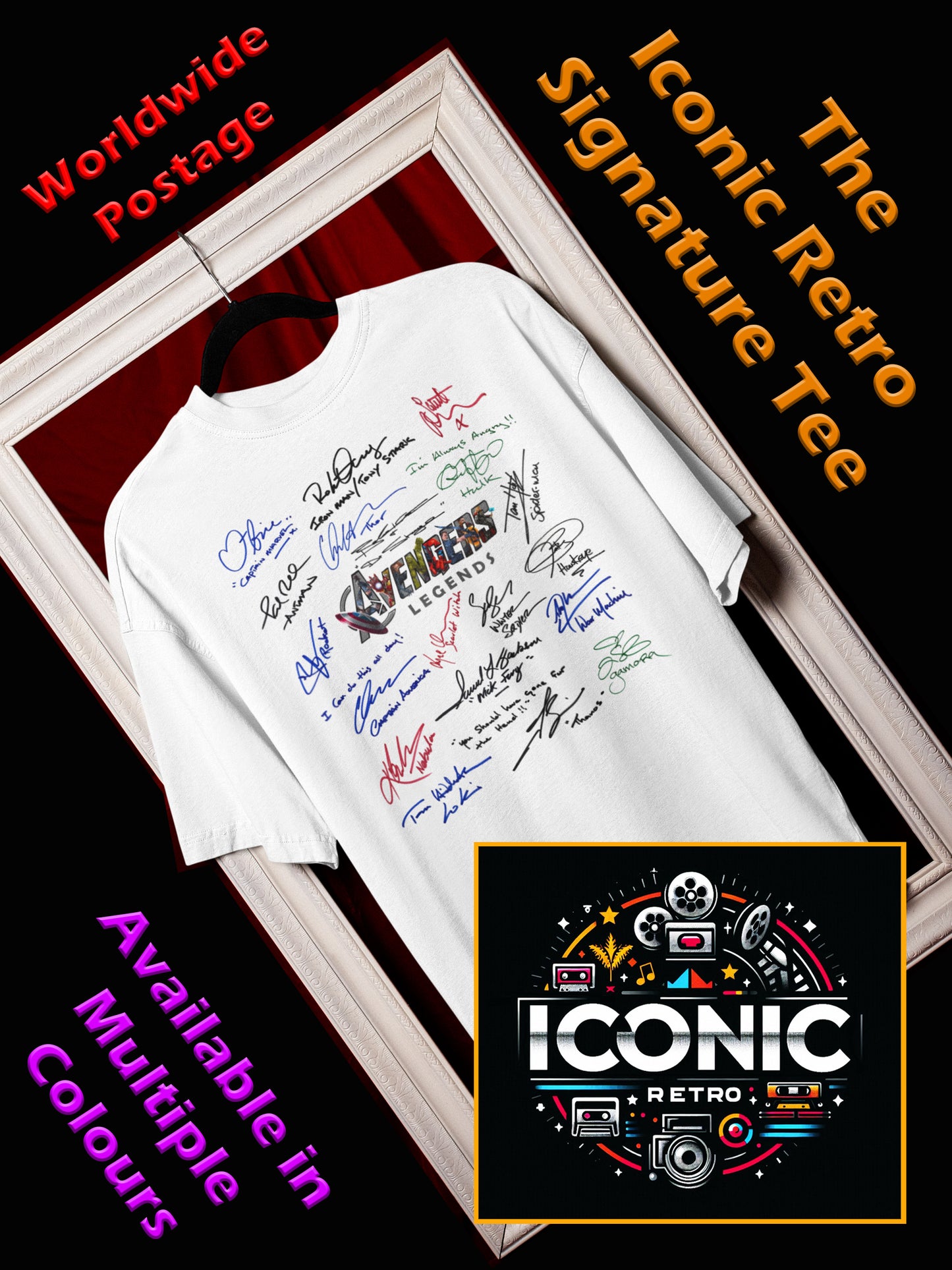 AVENGERS, Iconic Legends Signature T-Shirt, Awesome Gift, Personal Memorabilia, T shirt, Gift, Present, Christmas, Valentines, TV, Film, Cinema.