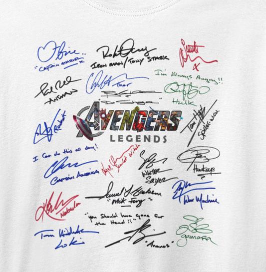 AVENGERS, Iconic Legends Signature T-Shirt, Awesome Gift, Personal Memorabilia, T shirt, Gift, Present, Christmas, Valentines, TV, Film, Cinema.