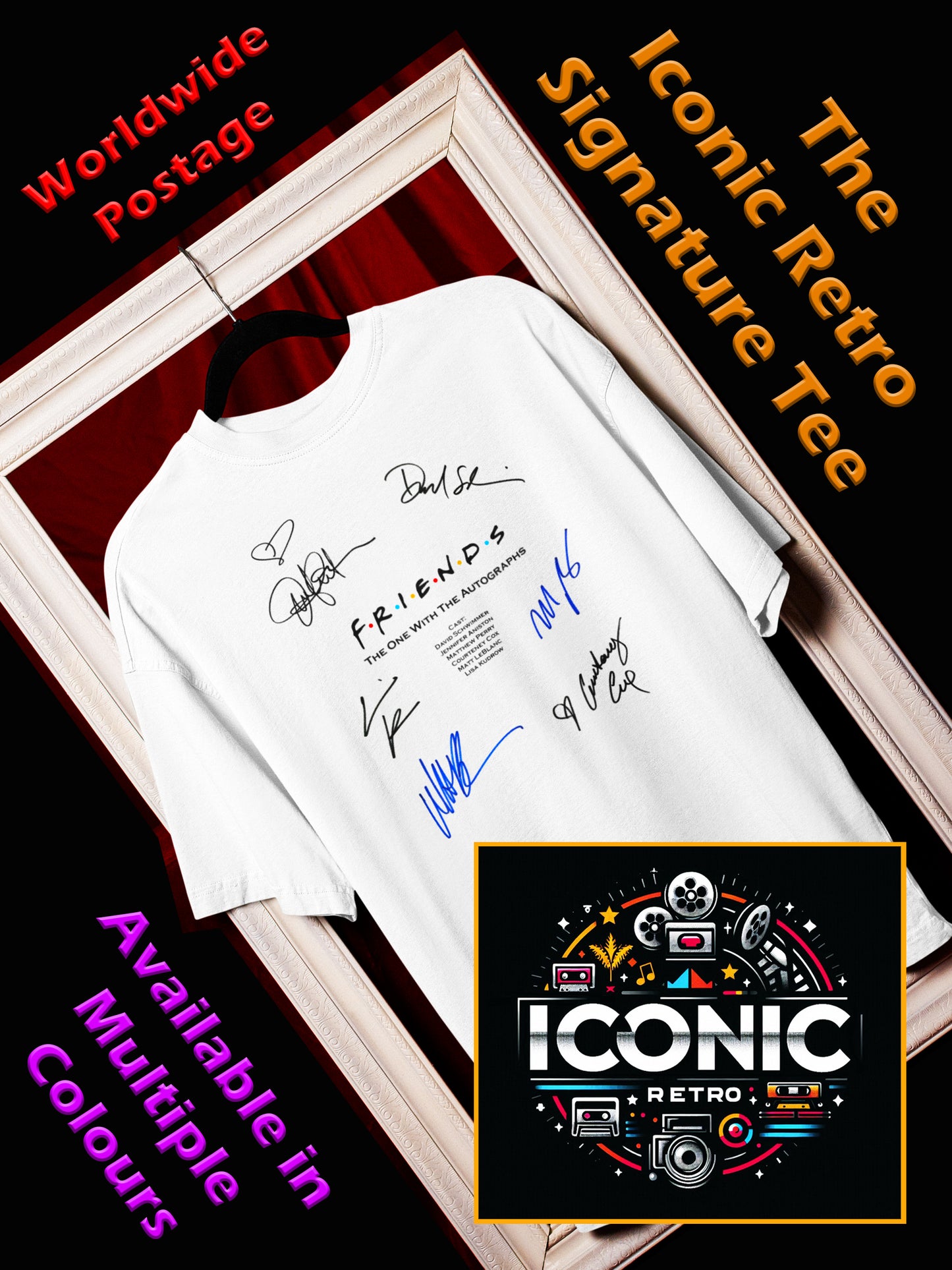 FRIENDS, Iconic Signature T, Awesome Gift, Personal Memorabilia, T Shirt, Gift, Present, Christmas, Valentines, TV, Film, Cinema, Hollywood.