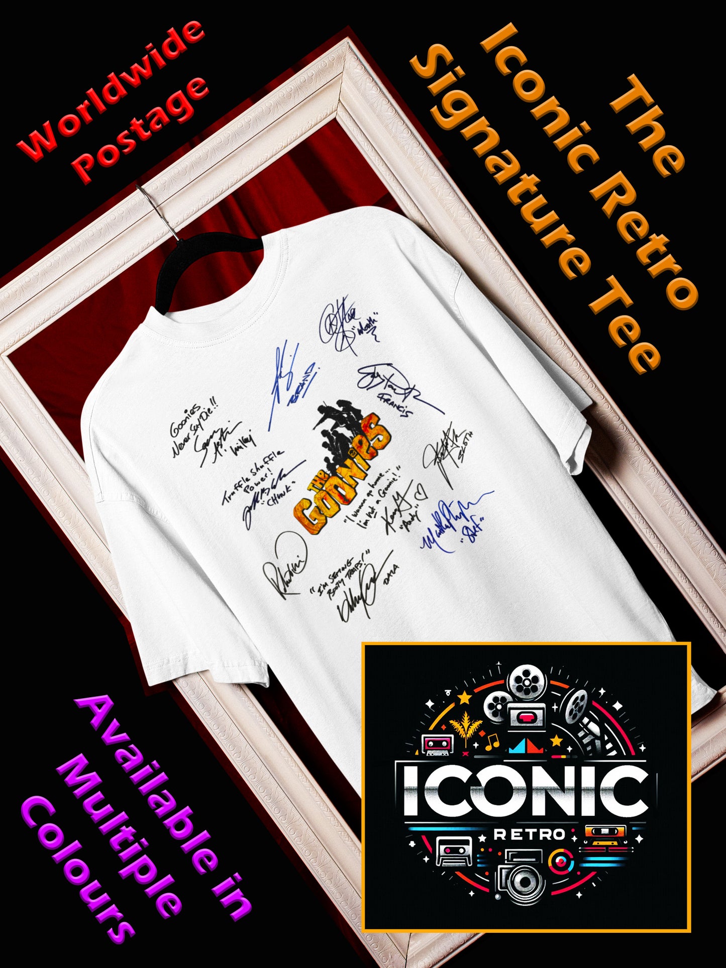 GOONIES, Iconic Signature T, Awesome Gift, Personal Memorabilia, T Shirt, Gift, Present, Christmas, Valentines, TV, Film, Cinema, Hollywood.