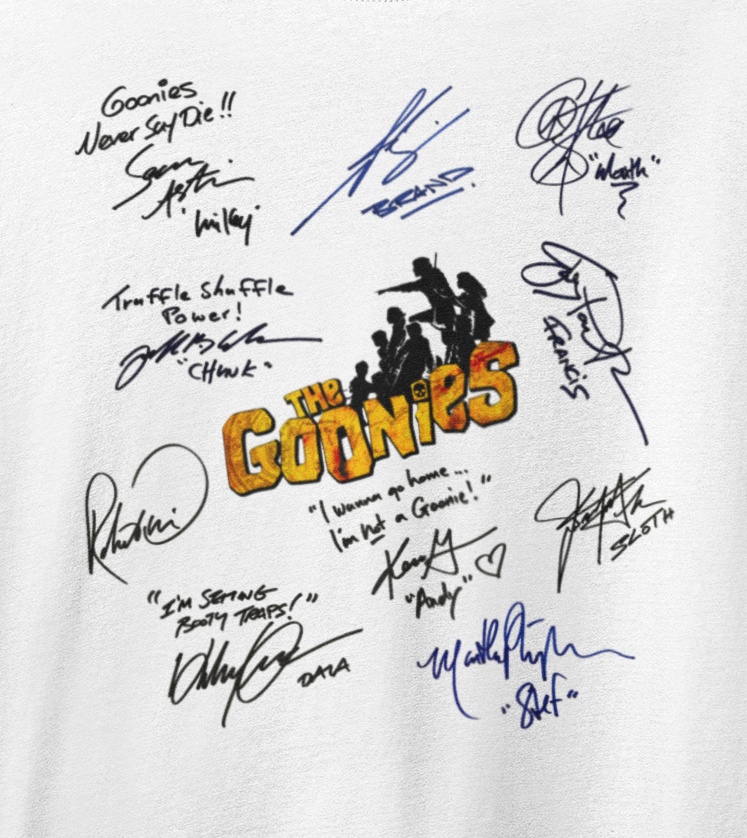 GOONIES, Iconic Signature T, Awesome Gift, Personal Memorabilia, T Shirt, Gift, Present, Christmas, Valentines, TV, Film, Cinema, Hollywood.