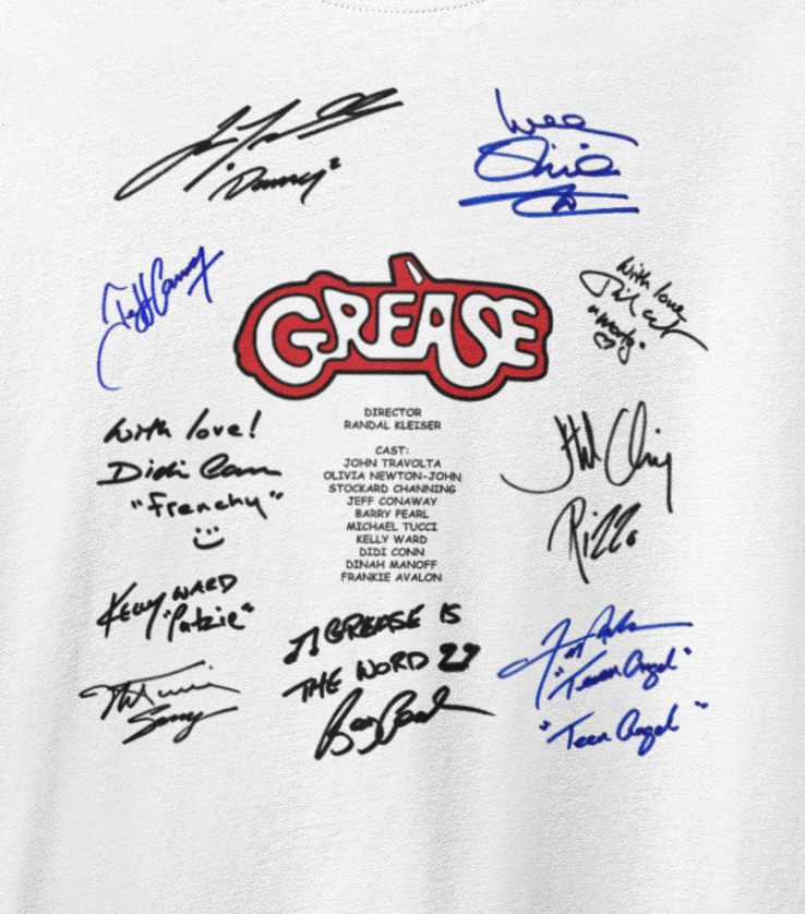 GREASE, Iconic Signature T, Awesome Gift, Personal Memorabilia, T Shirt, Gift, Present, Christmas, Valentines, TV, Film, Cinema, Hollywood.