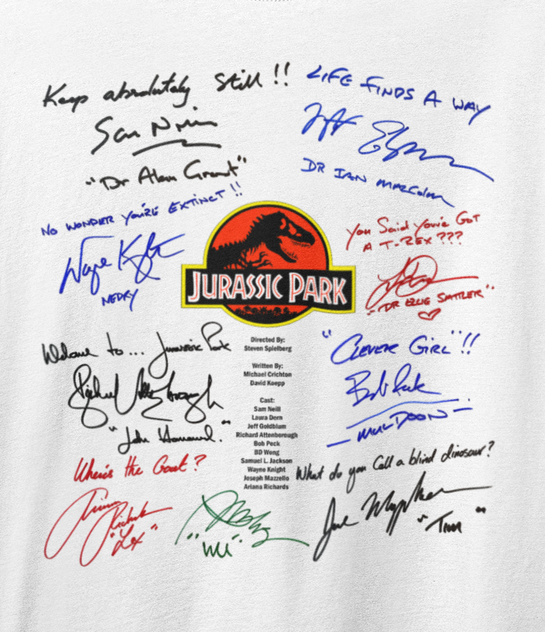JURASSIC PARK, Iconic Signature T, Awesome Gift, Personal Memorabilia, T Shirt, Gift, Present, Christmas, Valentines, TV, Film, Cinema, Hollywood.