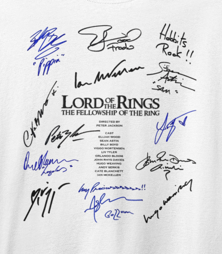 LORD OF THE RINGS, FELLOWSHIP, Iconic Signature T, Awesome Gift, Personal Memorabilia, T Shirt, Gift, Present, Christmas, Valentines, TV, Film, Cinema, Hollywood.