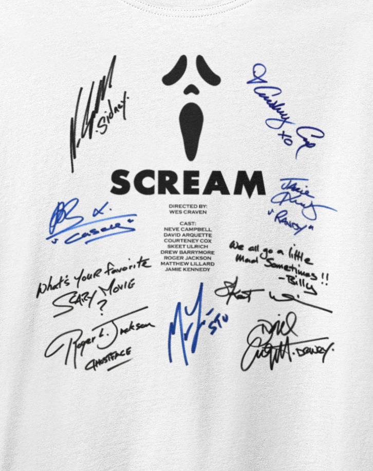 SCREAM, Iconic Signature T, Awesome Gift, Personal Memorabilia, T Shirt, Gift, Present, Christmas, Valentines, TV, Film, Cinema, Hollywood.
