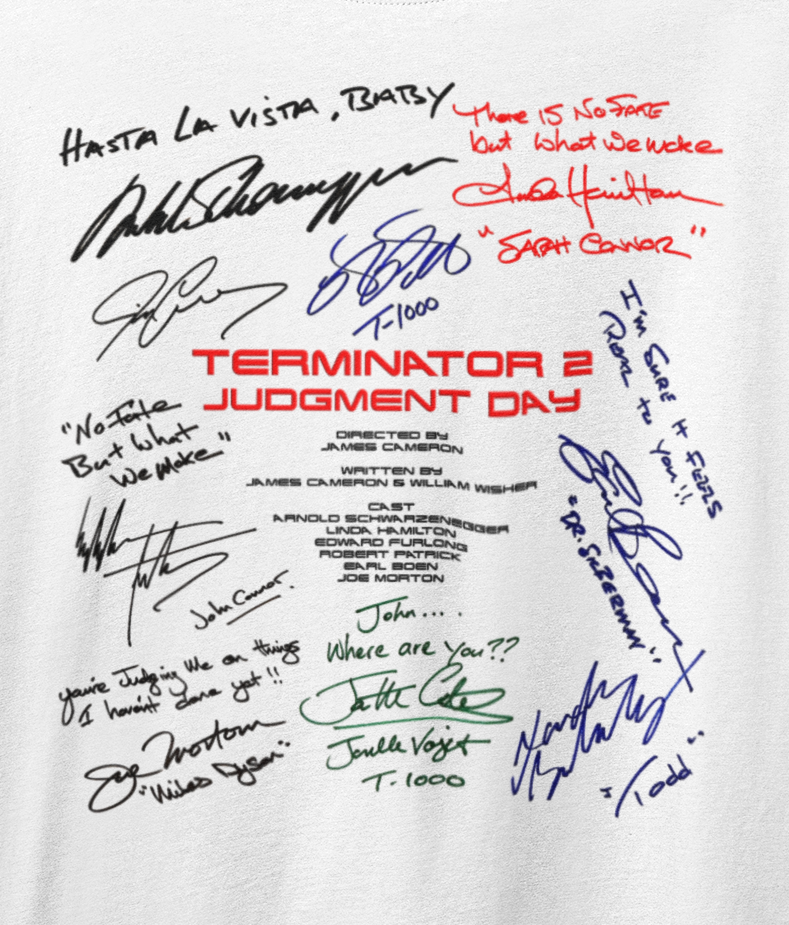 TERMINATOR 2, Iconic Signature T, Awesome Gift, Personal Memorabilia, T Shirt, Gift, Present, Christmas, Valentines, TV, Film, Cinema, Hollywood.