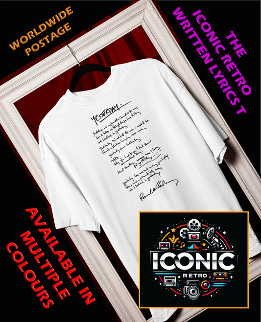 MCCARTNEY, Iconic Signature Lyrics T, Yesterday, Awesome Gift, Personal Memorabilia, T Shirt, Gift, Present, Christmas, Valentines, TV, Film, Cinema, Hollywood.